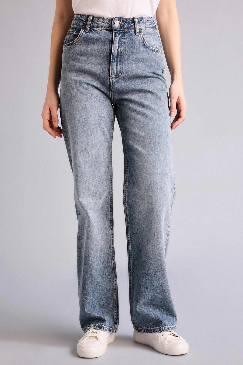 DeFacto Blue Woman 100% Cotton 90's Wide Leg High Waist Long Jeans Casual - Image 3